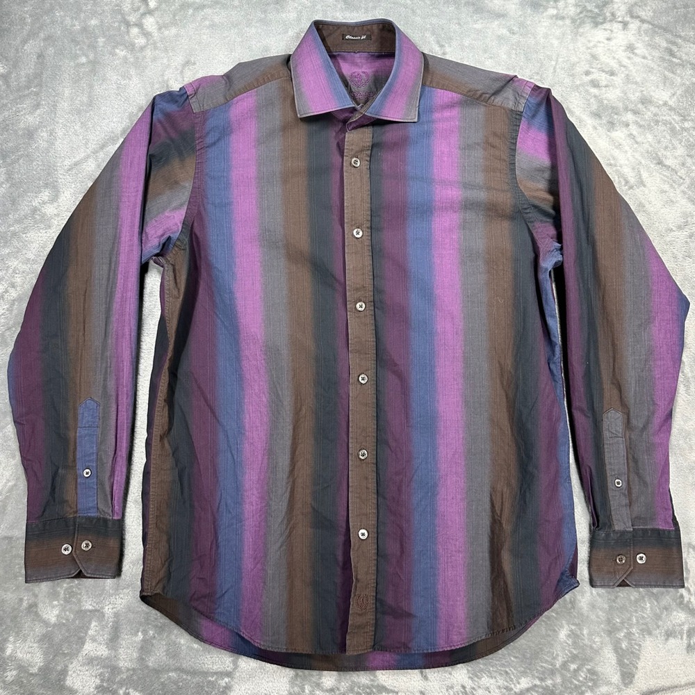 Bugatchi Uomo Mens Classic Fit Ombre Stripe Cotton Button Down Shirt Purple Blue